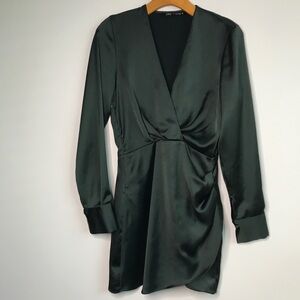 ZARA WOMENS DRESS EMERAL GREEN SATIN LONG SLEEVE MINI XS